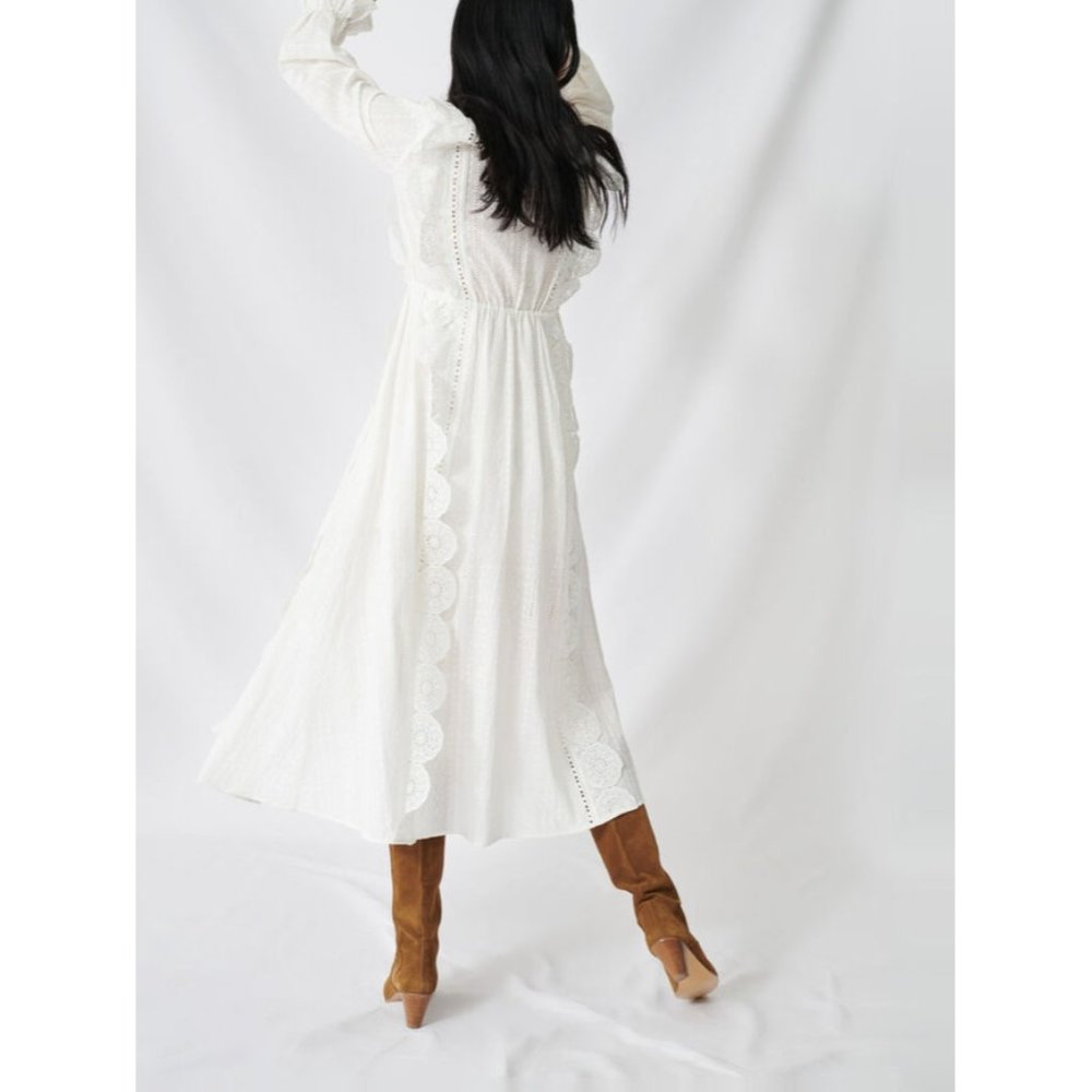 $400 Maje Cotton Midi Dress with Broderie Anglaise White Size 36/ US 4 - Picture 6 of 13